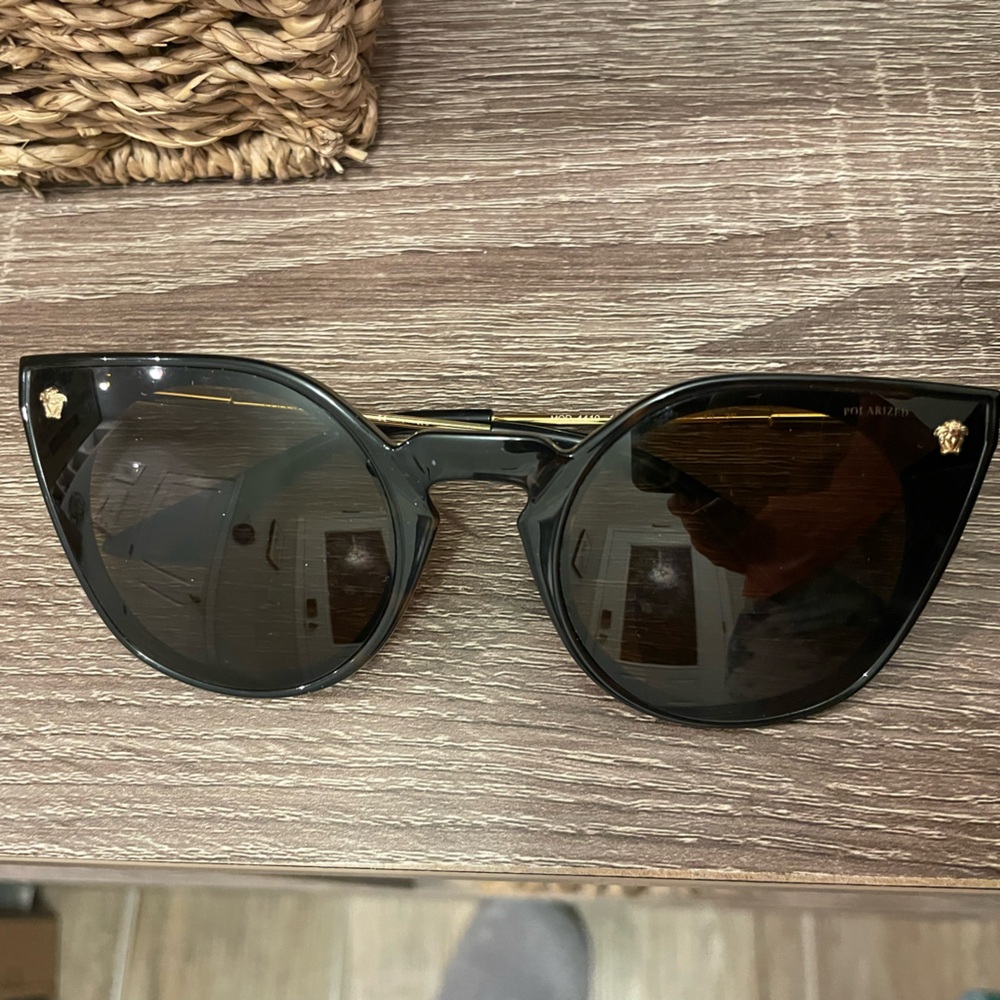 Versace Polarized Cat-Eye Sunglasses with Dark Tortoise and Gold Detail